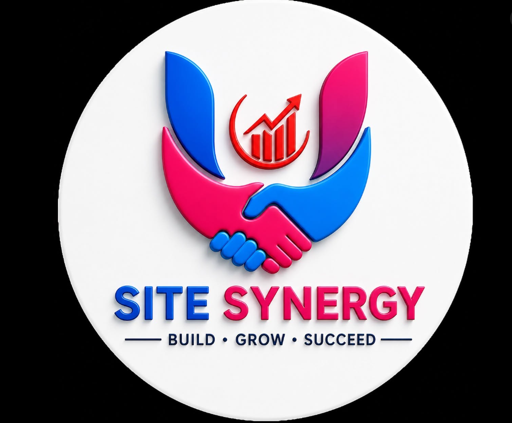 SiteSynergy logo featuring a handshake, upward growth chart, and the tagline "Build • Grow • Succeed", representing e-commerce development and digital marketing services.